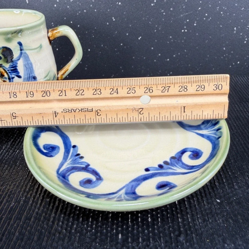 Tsuboya Ware Yachimun Japanese Pottery Creamer and Saucer Set Fish Design 3in